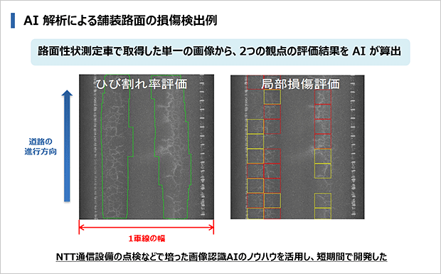 AI解析による舗装路面の損傷検出例