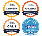Certified Scrum Professional-Scrum Master(CSP-SM),Advanced Certified Scrum Product Owner(A-CSPO),Certified Agile Leader 1(CAL1),Certified LeSS Practitioner(CLP)